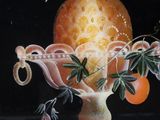 a painting of a vase filled with fruit on a table