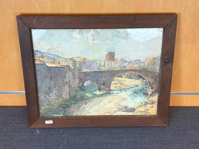 an oil painting of a bridge over a river in a wooden frame