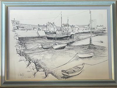 drawing of a boat in a harbor with other boats in the water