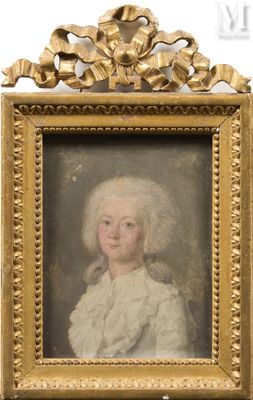 portrait of a young girl in a white dress in a gold frame