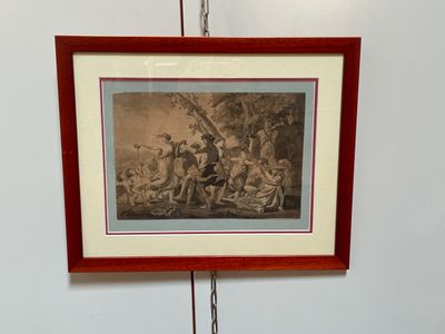 tableau représentant un groupe de personnes dans un décor boisé, accroché au mur