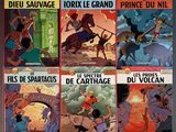 six books of comics with illustrations of a man riding a horse and a woman riding a horse