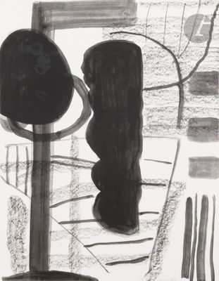 drawing of a black and white drawing of a vase and a mirror