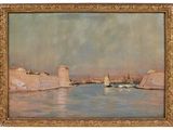une peinture à l'huile représentant une scène fluviale avec des bateaux sur l'eau