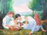 painting of a group of people having a picnic in the woods