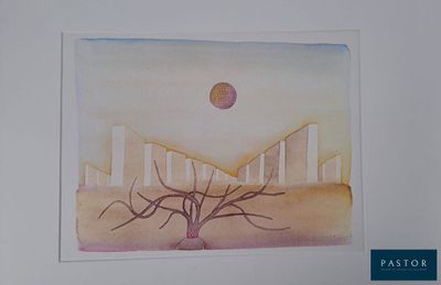 une photo d'un tableau représentant un arbre dans le désert