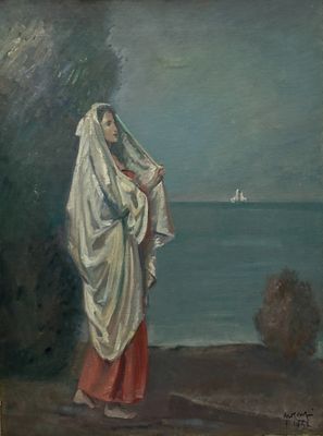 an oil painting of a woman in a white shawl by the water