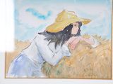 a painting of a woman in a hat leaning against a wall