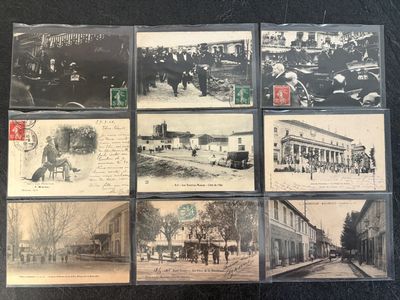 several old black and white photographs of people in a town