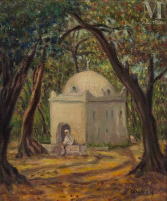 une peinture à l'huile représentant un homme assis à l'ombre des arbres