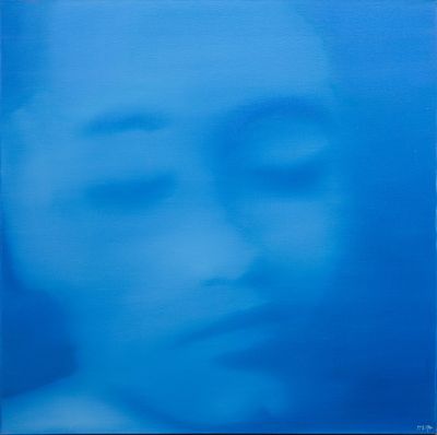 blue painting of a woman ' s face with her eyes closed and her eyes closed