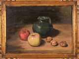 tableau représentant une nature morte composée de pommes, de noix et d'un vase vert