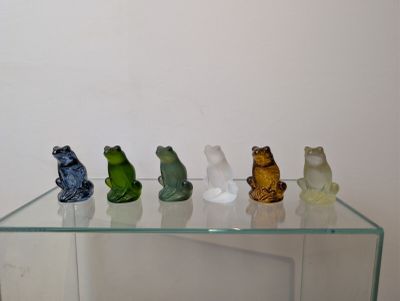 five glass frogs sitting on top of a glass shelf