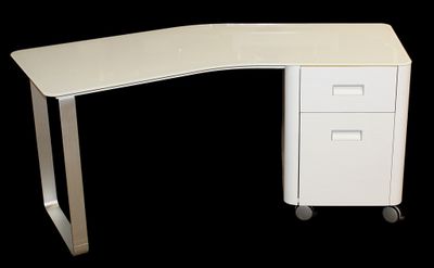 a white desk with two drawers and a file cabinet