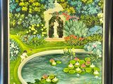 painting of a garden with a pond and a gazebo surrounded by water lilies