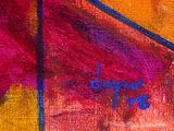 abstract painting of a red, yellow, and blue kite with the word drop off written on it