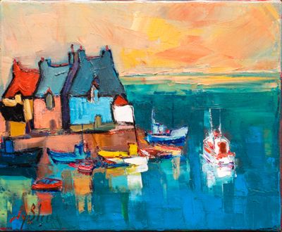 a painting of boats in the water by the shore