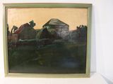 an oil painting of a farm scene with a barn in the background