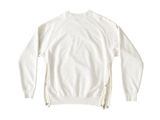 a white sweatshirt with zippers on the front and a zipper down the back