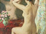 an oil painting of a woman sitting on a stool in front of a mirror