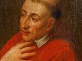 an old painting of a man in a red coat with his hand on his chin