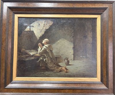 un vieux tableau représentant un homme assis dans une grotte avec un chat