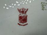 a white plate with a red emblem on it