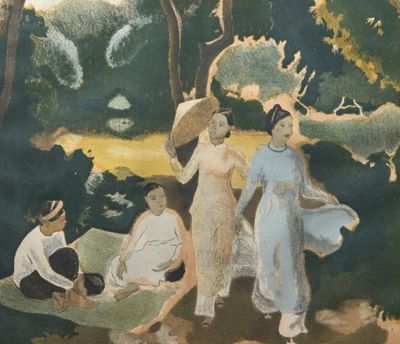 un tableau représentant un groupe de personnes dans un parc