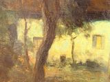 an image of a painting of a house with a tree in the foreground