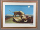 framed print of a painting of a lion on a blanket