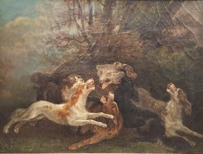 un tableau représentant des chiens qui jouent ensemble dans un champ