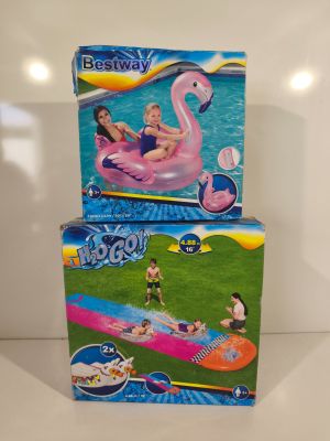 two boxes of inflatable toys that are on display