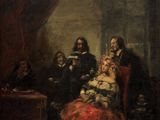 a painting of a group of people sitting around a woman in a red dress