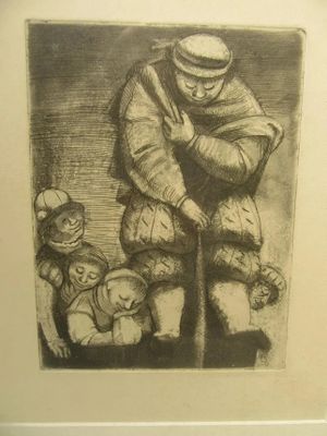 a picture of a drawing of a man holding a baby
