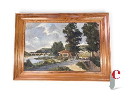 une peinture à l'huile représentant un pont au-dessus d'une rivière, dans un cadre en bois
