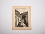 a black and white photo of a waterfall in the mountains