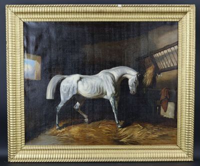 une peinture à l'huile représentant un cheval blanc dans une écurie, avec du foin