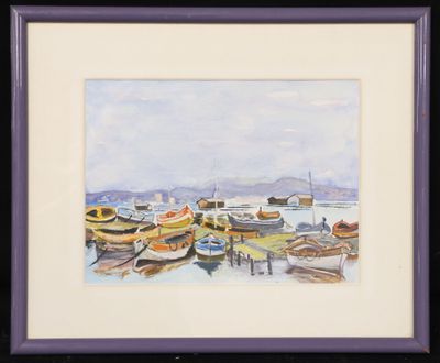 a picture of a painting of boats on the water