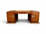a wooden desk with two drawers and a drawer underneath it