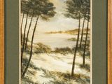 un tableau représentant un paysage avec des arbres et un plan d'eau
