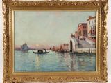an oil painting of a gondola on a river with buildings in the background