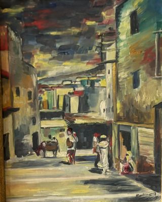 an oil painting of a street scene with people walking down the street