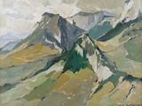an oil painting of a mountain range with a sky background