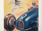 une image représentant un tableau où l'on voit un homme au volant d'une voiture de course bleue