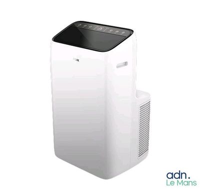 a white air conditioner sitting on top of a white table