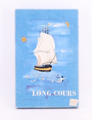 un vieux livre dont la couverture représente un voilier