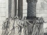 an image of a drawing of a group of people standing in front of a building