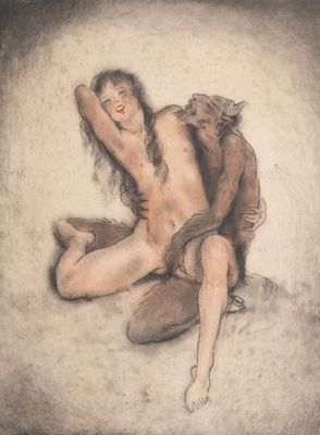 dessin représentant une femme nue avec un singe sur le dos