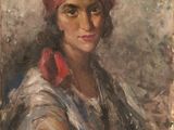 une peinture à l'huile représentant une femme portant un bandana rouge sur la tête