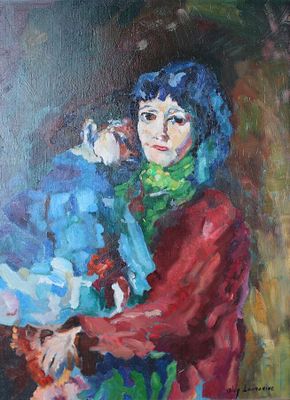 une peinture à l'huile représentant une femme tenant un enfant dans ses bras
